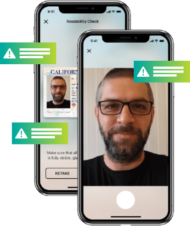image of two phone screens stacked. The phone screen in the back shows a picture of a man's California ID. The photo in the front shows a selfie of the male. The male has facial hair and wearing glasses and a black shirt.