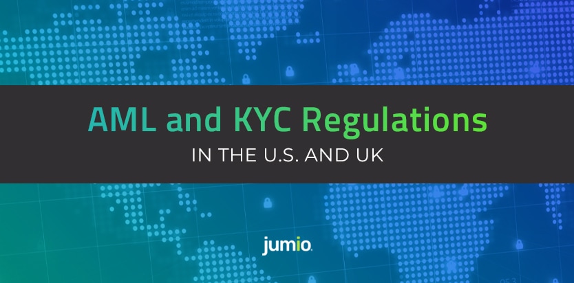 image: abstract map of U.S. and UK. text: AML and KYC Regulations in the U.S. and U.K