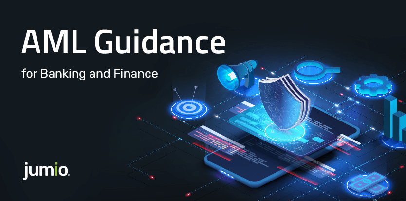text: AML Guidance for banking and finance. Image of smart phone graphic with shield, microphone, satellite popping out of screen.