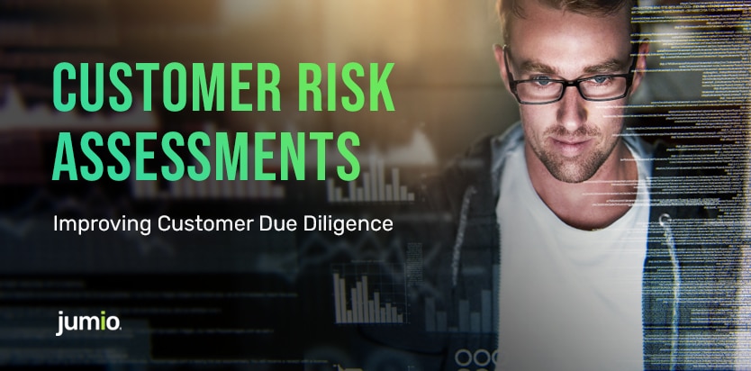 image of man looking at a screen with glasses on. text on image: Customer Risk Assessments improving customer due diligence