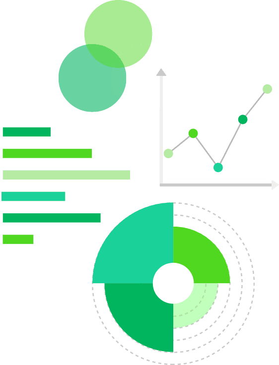 image of circle green icons, dot chart with green dots, bar chart with green bars and multiple half circles.