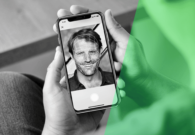 image of person holding a smart phone with a display of selfie with face-biometrics. Image shows green diagonal gradient. 