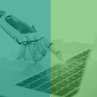 image of robotic hand pressing computer buttons on a laptop.