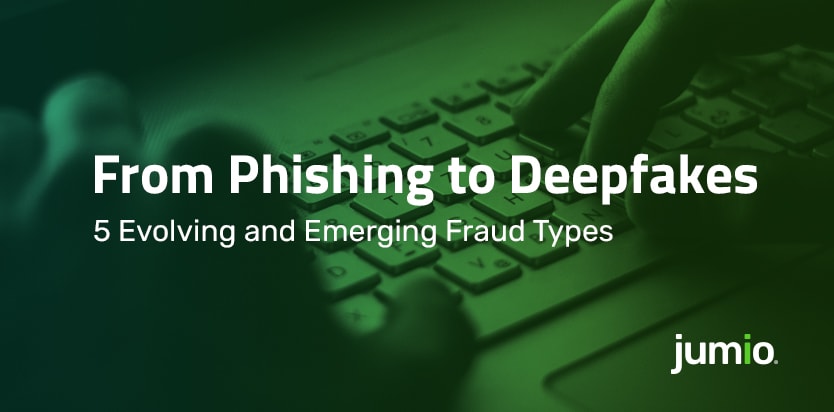 image of green background with computer keyboard. Text image reads: From Phishing to Deepfakes. 5 Evolving and Emerging Fraud Types.