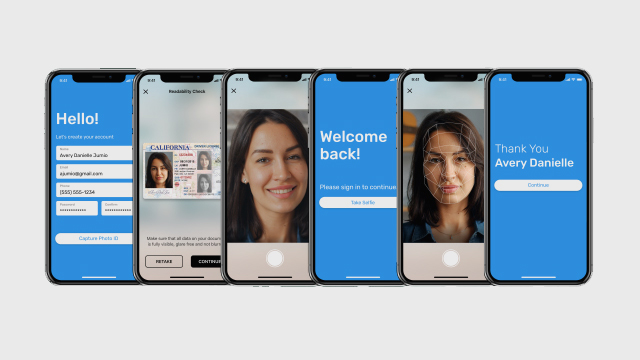 image of 6 phone screens showing process of KYX. First screen on the far left shows welcome screen. Second screen shows ID. Third screen shows picture of woman's selfie. Fourth screen shows verification screen. Fifth screen shows selfie. Sixth screen shows thank you screen.