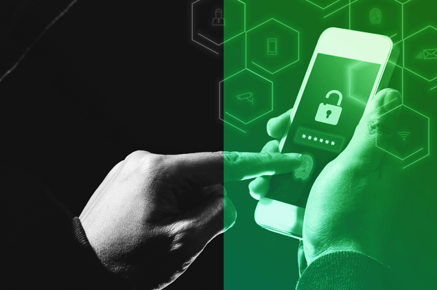 right side of image: green gradient. Left side of image: black background. Image of finger pressing button on smart phone with a password lock displaying.