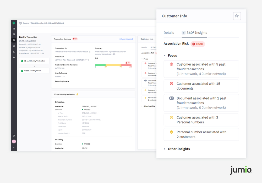 image of Jumio dashboard featuring customer Info box.