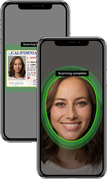 image of two phone screens stacked. The phone screen in the back shows a picture of a woman's California ID. The photo in the front shows a selfie of the woman. The woman has short brown hair and is smiling.