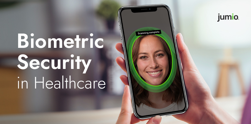 image of phone screen showing face scanning. Text on image reads: Biometric Security in healthcare