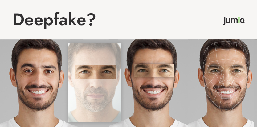 image of male with facial hair in four different screens. Showing process of deepfaking.
