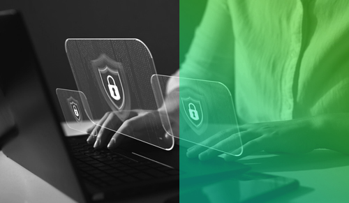 image of computer displaying password icon in three boxes popping out of laptop screen. Image has a green gradient overlay on right side.