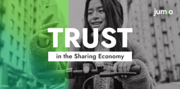 image of young female on a scooter holding a smart device. Text on image reads: Trust in the Sharing Economy.
