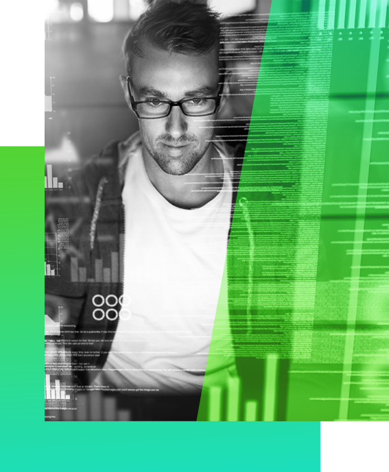 image of man wearing glasses and white t-shirt. Man is looking at screen. Right side of image has a green gradient overlay.