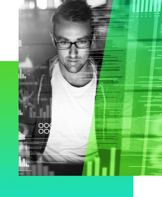 image of man wearing glasses and white t-shirt. Man is looking at screen. Right side of image has a green gradient overlay.