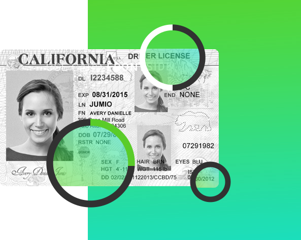 image of California ID with bubbles circling photo.