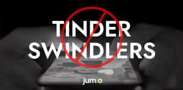 image of dating app in background. Image text reads: Tinder Swindlers with big red circle crossed out.