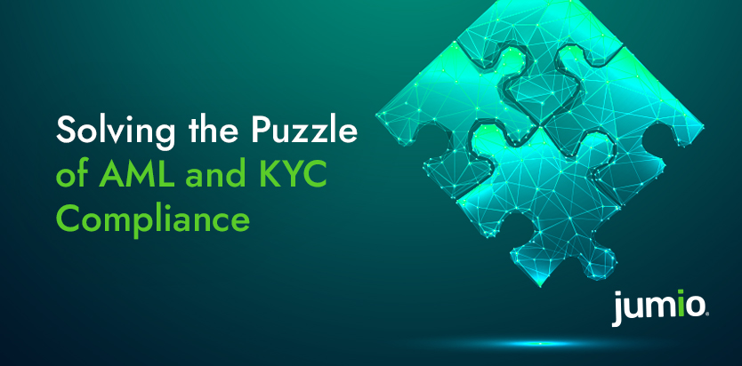image of puzzle piece hanging from top of photo. Image text reads: Solving the Puzzle of AML and KYC Compliance.