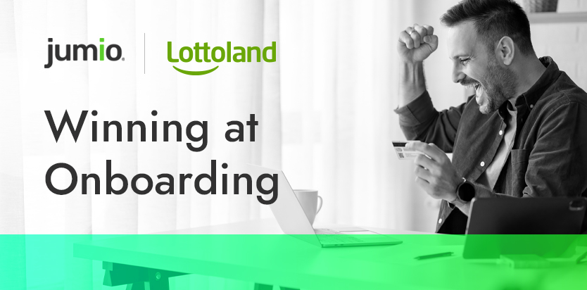 jumio logo Lottoland logo image of man holding phone holding his fist up excited. Image text reads: Winning at Onboarding