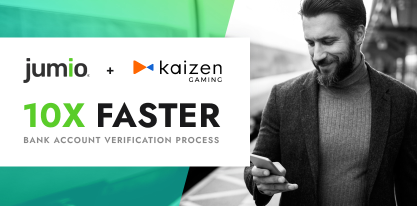 image of male holding phone. Jumio logo and Kaizen logo. Text on image reads: 10x faster. bank account verification process
