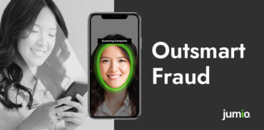 image of woman taking selfie with face biometrics lines. Phone screen with selfie is shown in middle of image. Image text reads: Outsmart fraud.