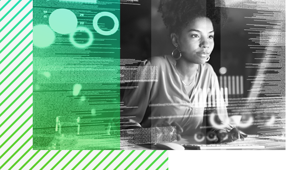 image of woman sitting behind computer screen. Green gradient overlay