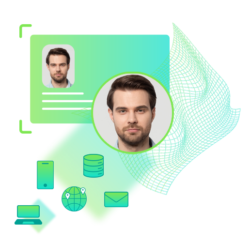 image of male's face on ID card and zoomed ID face shot. Icons of global, phone, computer and email shown in background