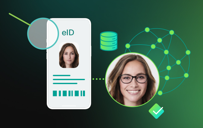 image of woman's face.She is wearing glasses and smiling. Face capture is shown on eID screen to the left of the headshot. In the background jumio icons and globe