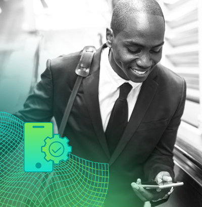 image of male in a suit smiling at his phone walking with his work bag. Gradient overlay with a phone and gear icon