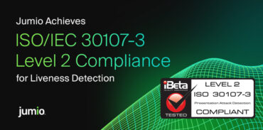 image reads: Jumio Achieves ISO/IEC 30107-3 Level 2 Compliance for Liveness Detection. ibeta logo and jumio logo shown