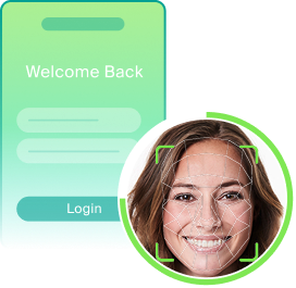 welcome back phone screen with face biometrics lines on the selfie