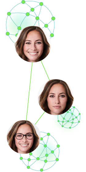 Jumio's network graphic representation showing three lines connecting different headshots of the same woman