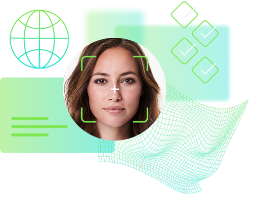 image of a woman with a biometric capture of her face. Jumio icons in the background showing a global, ID card