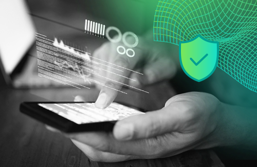 image of a person's hand holding a phone pointing at it with index finger. Image has a gradient overlay with a shield icon