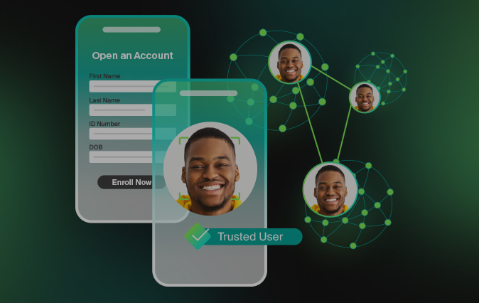 image of selfie.done icons and phone screen showing log in screen and jumio network representation in the background