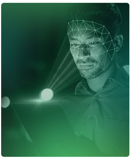 Man with biometric facial mapping lines holding a tablet that projects the same lines, with a green overlay on the image.