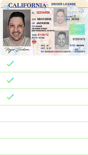 Jumio extract step. Image shows California license with check marks with the following checks: Microprint, Known Forgeries, Hologram, Layout, Font, Image Manipulation