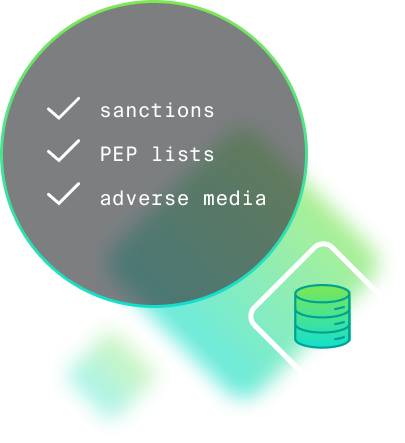 image showing check mark icons next to the following words: sanctions, PEP lists, adverse media