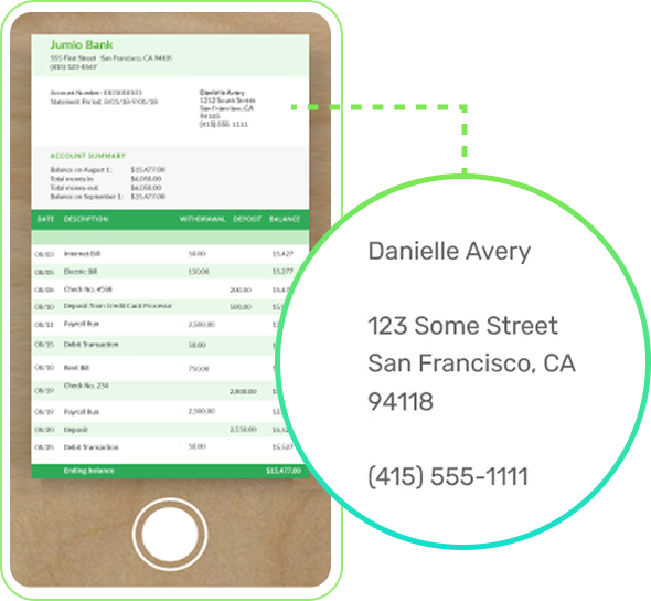image of phone screen with bill extracting person's name, address and phone number
