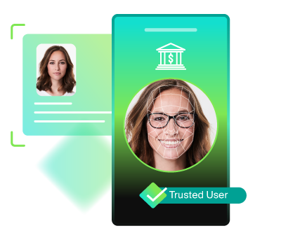image of banking app with females headshot notifying she is a trusted user. Image matching with ID shown
