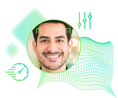 image of male with beard smiling and face capture lines around face profile. Icons representing risk in background of image.