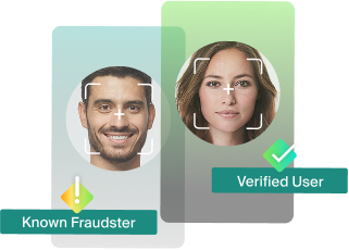 graphic promoting “True reusable identity,” showing two faces with facial recognition frames—one labeled verified user with a checkmark and the other labeled known fraudster