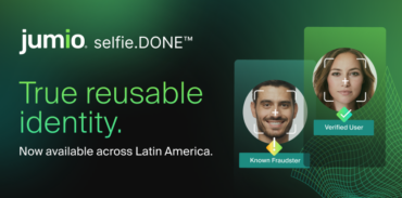 Jumio selfie.DONE graphic promoting “True reusable identity,” showing two faces with facial recognition frames—one labeled verified user with a checkmark and the other labeled known fraudster—highlighting availability across Latin America.
