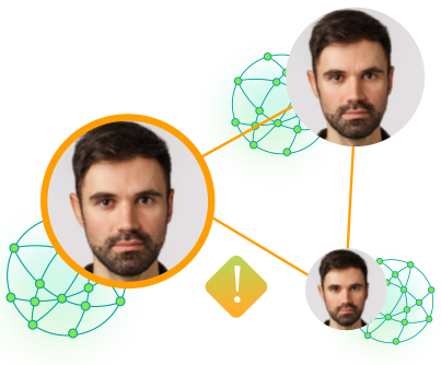 Illustration of connected user profiles with risk signals and alerts, showing a risky user.