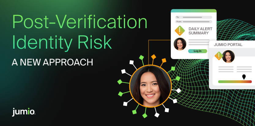 post-verification Identity Risk. A new approach. illustration of connected user profiles with risk signals and alerts, showing a central identity linked to multiple accounts and a portal displaying a daily alert summary.