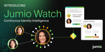Introducing Jumio Watch: Continuous Identity Intelligence: Graphic is an illustration of connected user profiles with risk signals and alerts, showing a central identity linked to multiple accounts and a portal displaying a daily alert summary.