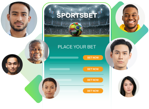 A diverse group of six adults surrounding a smartphone displaying a sports betting app with a soccer ball and "Place Your Bet" prompt, representing a wide range of consumers using online betting platforms during the World Cup.