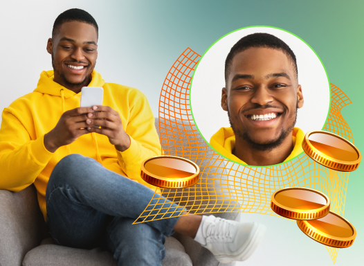 A smiling man in a yellow hoodie using a smartphone to place a bet, with a profile image and coins depicted alongside, representing an online sports betting experience.