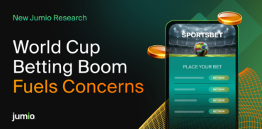 Sportsbet phone app with coin icons. Image reads: New Jumio Research: World Cup Betting Boom Fuels Concerns.