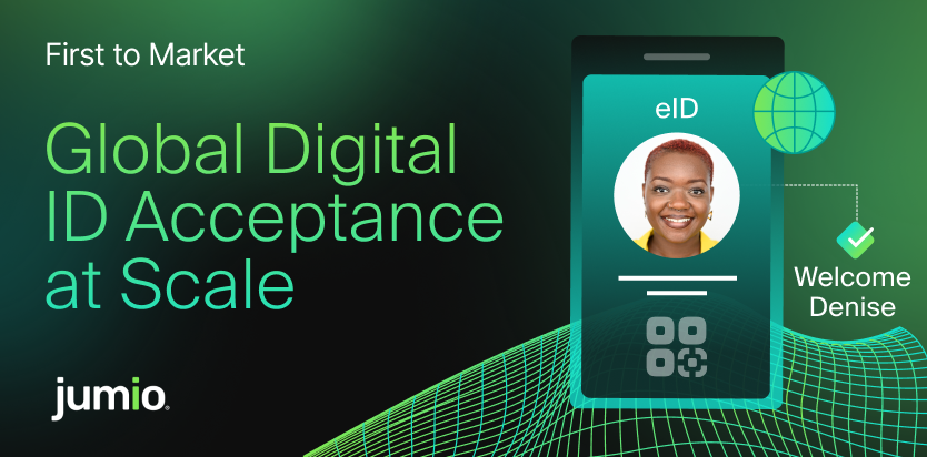 Image of phone screen showing eID feature. Text on image reads: First to Market. Global Digital ID Acceptance at Scale.