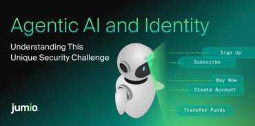 "Agentic AI and Identity: Understanding This Unique Security Challenge" featuring a white robot projecting digital options like 'Sign Up', 'Subscribe', and 'Transfer Funds'.
